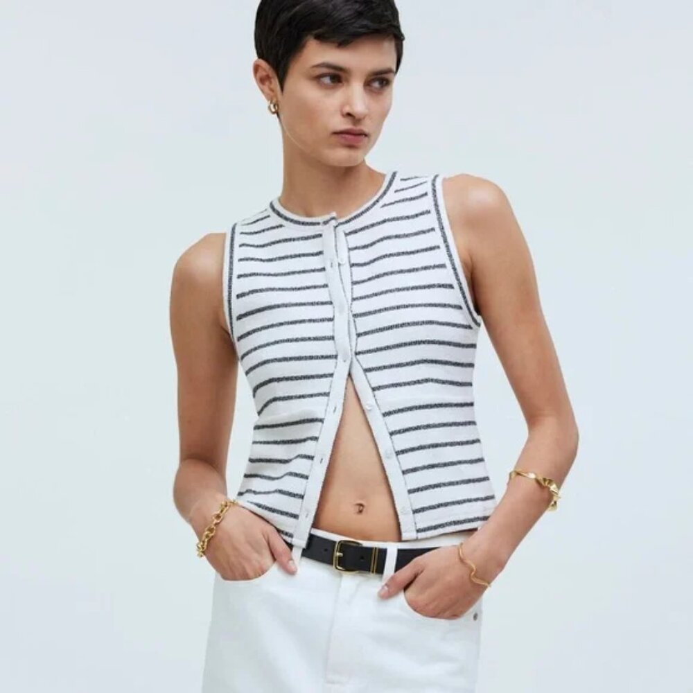 Madewell Split Crewneck Cardigan Tank in Stripe size S